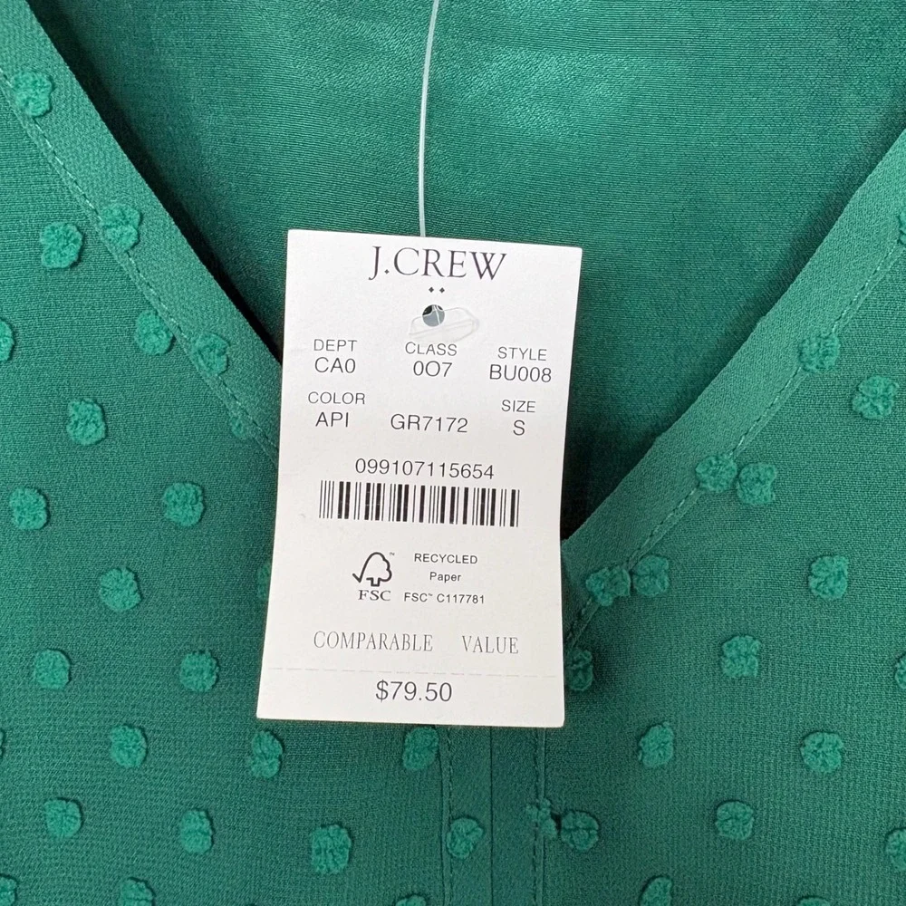 J. Crew Swiss Dot V Neck Long Sleeve Blouse Emerald Green Size S